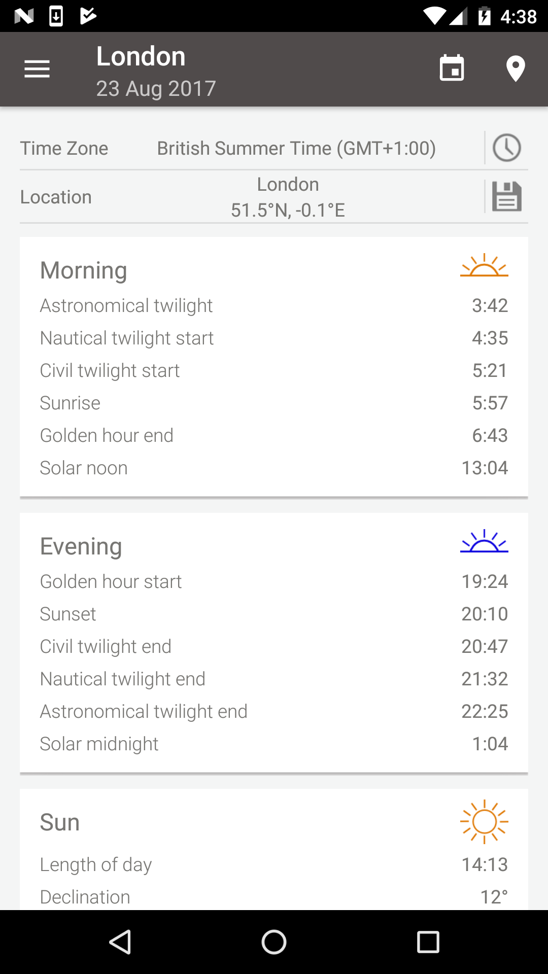 Android application Sun Position, Sunrise, and Sunset screenshort