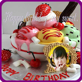 Happy birthday cake greeting icon
