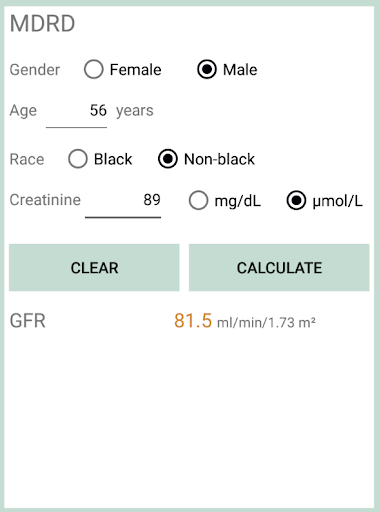 eGFR Calculator Screen 3