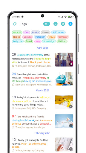 Screenshot of Tags & Diary