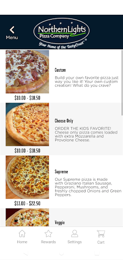 Screenshot of Northern Lights Pizza
