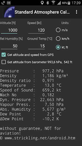 Standard Atmosphere Calculator Screen 2