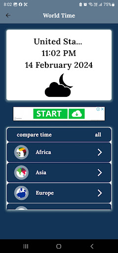 Android application World Time screenshort
