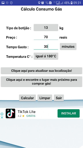 Android application Cálculo de Consumo Gás screenshort
