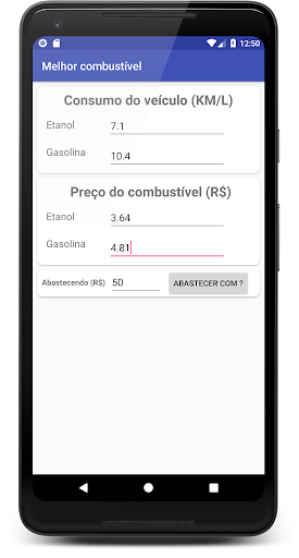 Android application Etanol ou Gasolina? screenshort