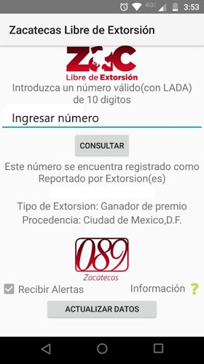 Android application Zacatecas Libre de Extorsión screenshort