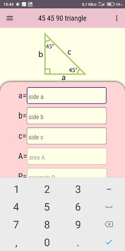 45 45 90 Triangle Calculator Screen 2