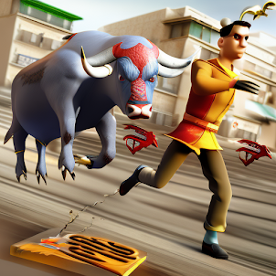 Angry bull attack city.