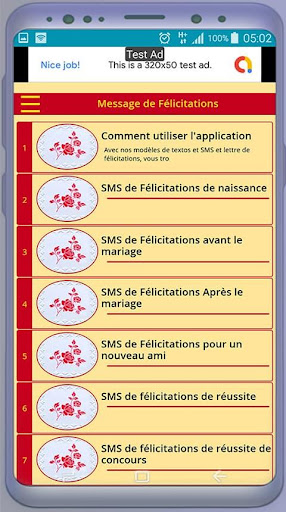 Android application Messages de Félicitations pour screenshort