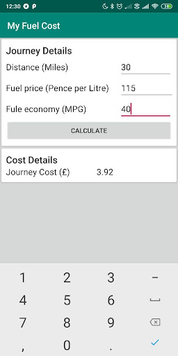 Android application Fuel Cost Calculator screenshort