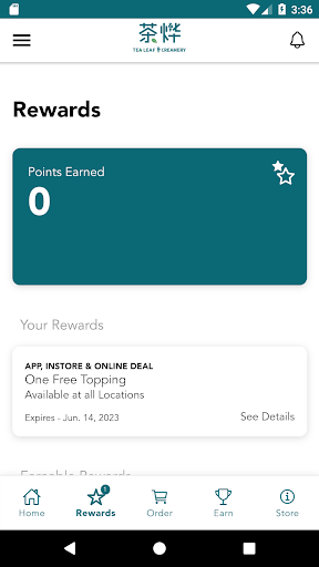 Android application Tea Leaf and Creamery Rewards screenshort