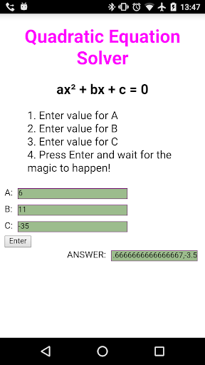 Quadratic Solver Screen 2