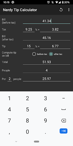 Android application Nerdy Tip Calculator screenshort