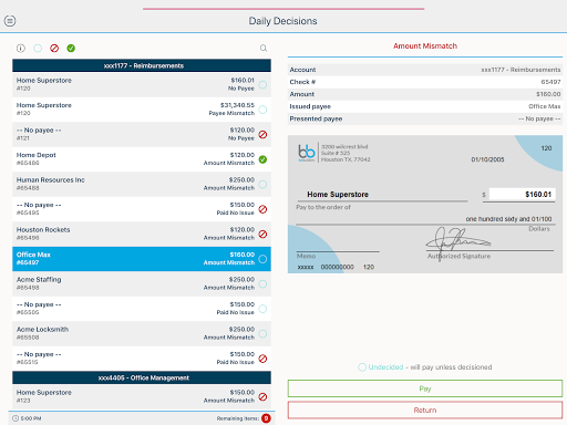 Screenshot of Zions Bank Positive Pay