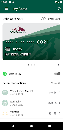 Android application Pinnacle Bank Card Manager screenshort