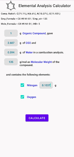 Android application Elemental Analysis Calculator screenshort