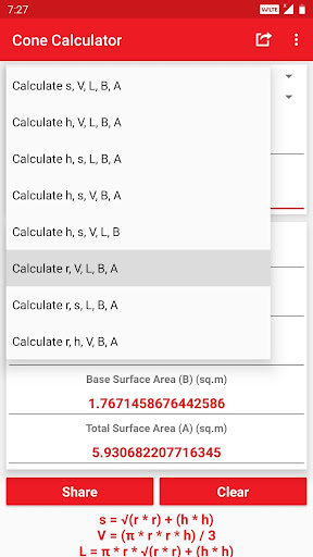 Cone Calculator Screen 2