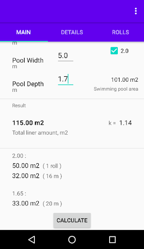 Swimming pool liner calculator Screen 2