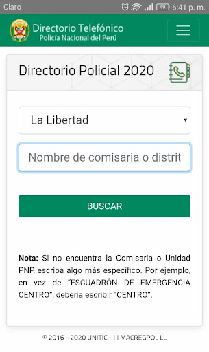 Android application Directorio Telefonico PNP screenshort
