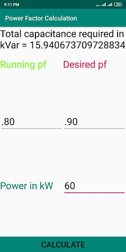 Power Factor Calculator Screen 2