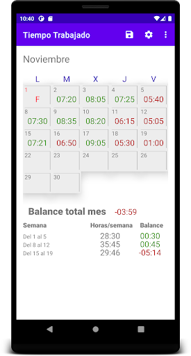 Android application Tiempo trabajado screenshort