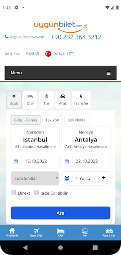Android application Uygun bilet screenshort
