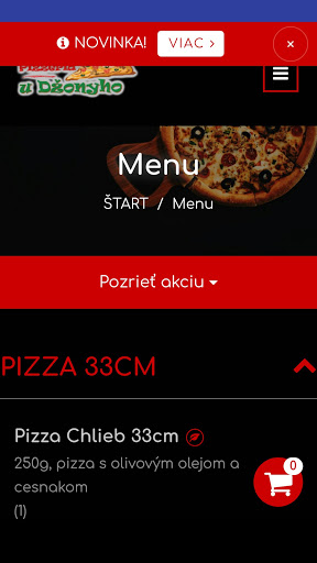 Android application Pizzeria u Džonyho screenshort