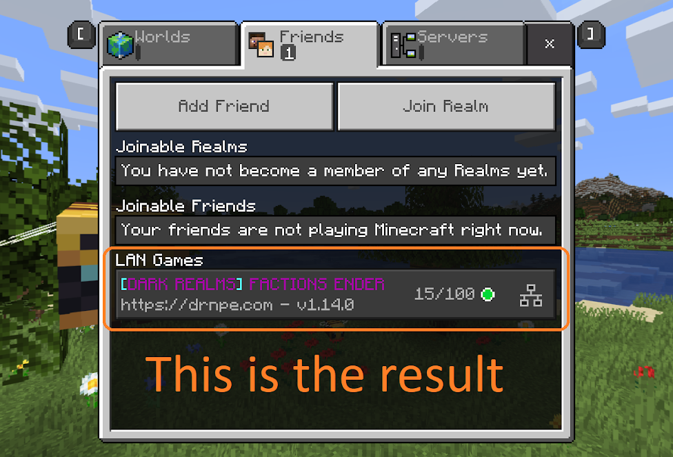 Screenshot from within Minecraft, showing how MC LAN Proxy works.