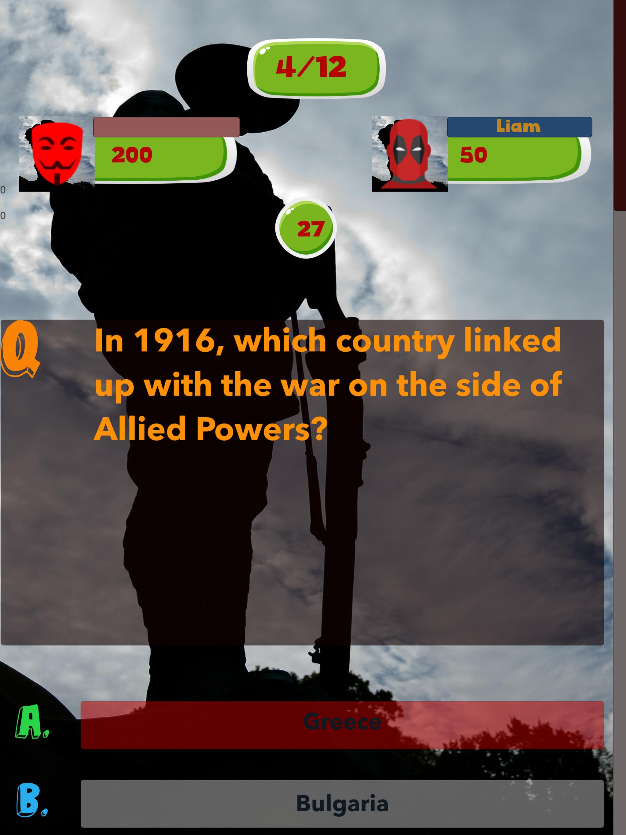 Android application World War 1 Knowledge test screenshort