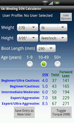 Android application Ski Binding DIN Calculator screenshort