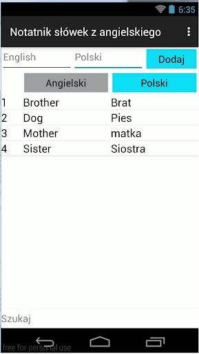 Android application Notatnik słówek z angielskiego screenshort