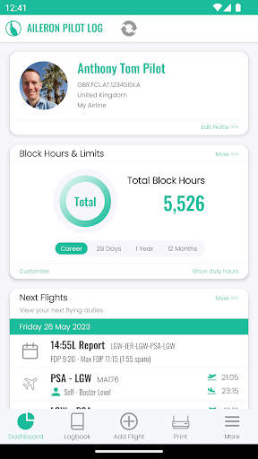 Android application Aileron Pilot Log screenshort