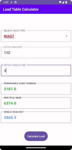 Load Table Calculator Screen 2