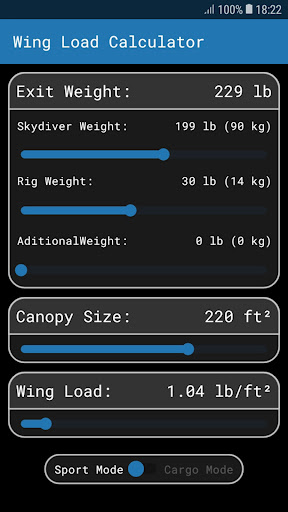 Android application Skydive Wing Load Calculator screenshort
