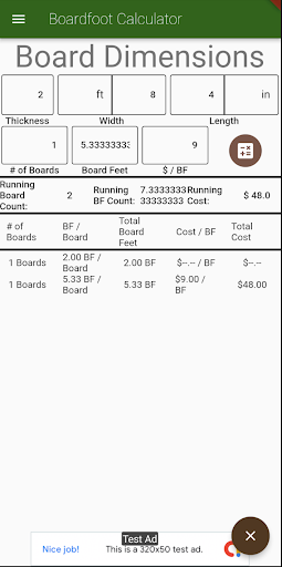 Woodworking Calculator Screen 2