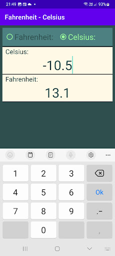 Android application Celsius - Fahrenheit screenshort