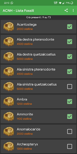 Android application ACNH - Lista Fossili screenshort
