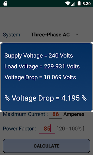 NEC Voltage Drop Calculator Screen 2
