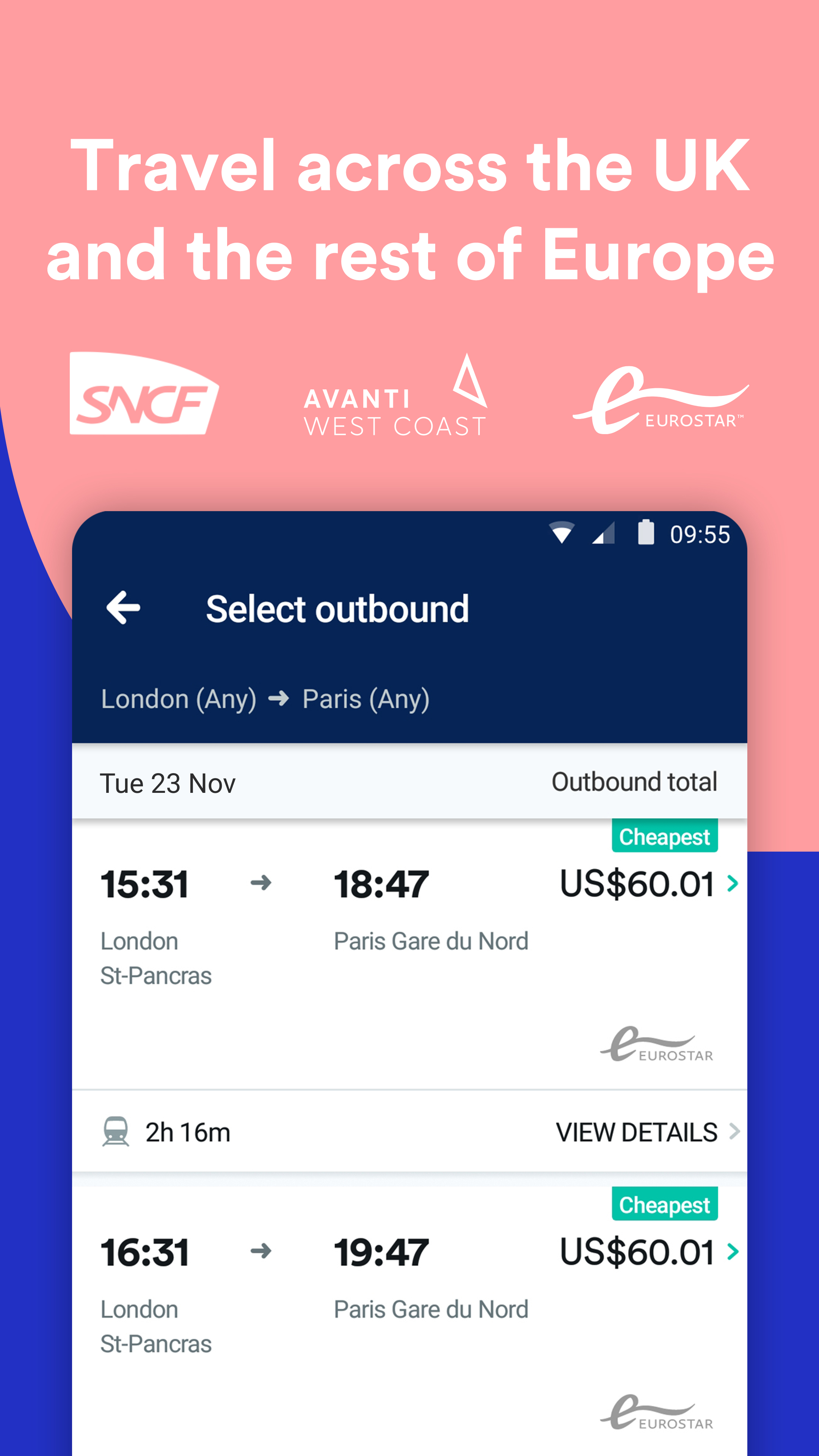 Android application Trainline: Train travel Europe screenshort