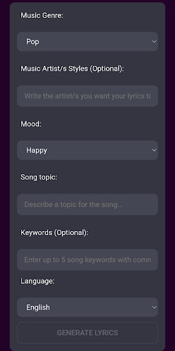AI Song Lyrics Generator Screen 2