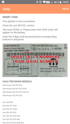 RADIO CODE for FIAT VP2 CZECH Screen 2