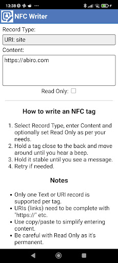 Abiro NFC Writer Screen 2