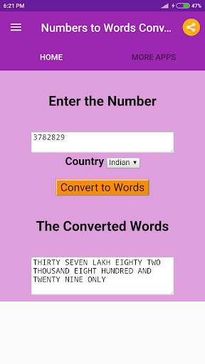 Numbers to Words Converter Screen 3