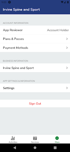Android application Irvine Spine and Sport screenshort