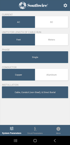 Screenshot of Southwire Voltage Drop