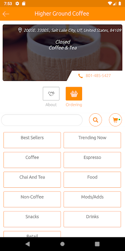 Android application Higher Ground Coffee screenshort