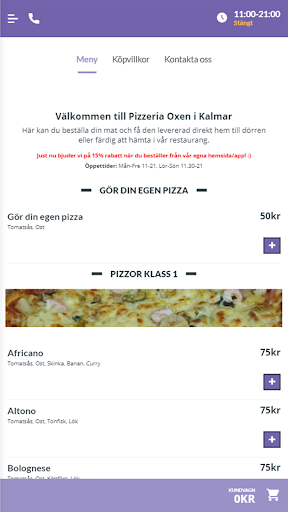 Android application Pizzeria Oxen Kalmar screenshort