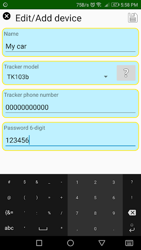 GPS Car Tracker Setting SMS Screen 3