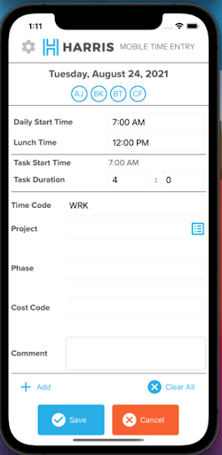 Harris Mobile Time Entry Screen 2