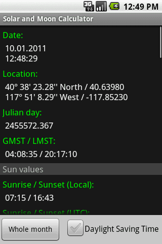 Solar and Moon Calculator Screen 2